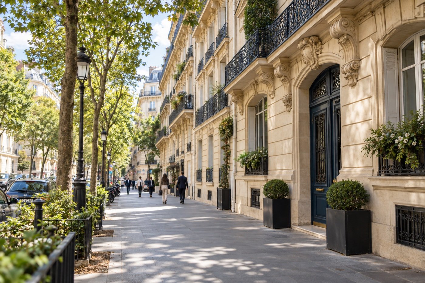 Rue parisienne bordée d’immeubles haussmanniens